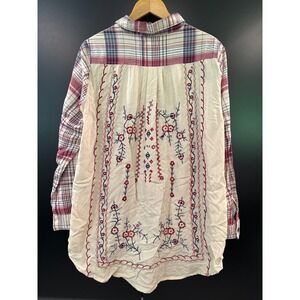 Kyla Seo Womens Plaid Embroidered Back Button Down Shirt Red Cream Size Medium